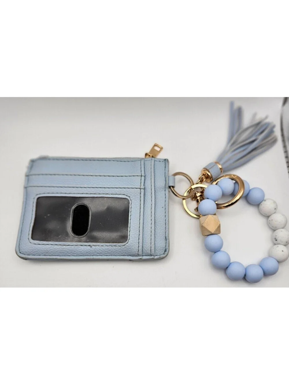 Blue Card Holder Wallet Keychain Tassel Beaded Wristlet ID Zip Pouch